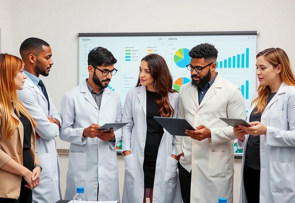 Grup de cercetători analizând date științifice despre nutriție