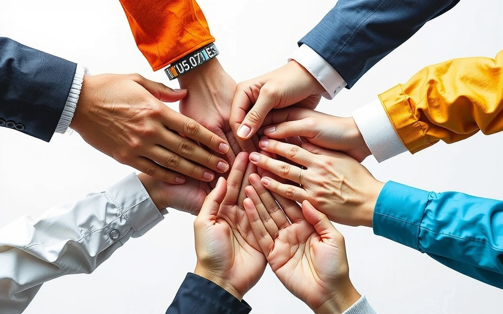Mai multe mâini care se unesc, simbolizând partajarea securizată a datelor între parteneri de încredere.