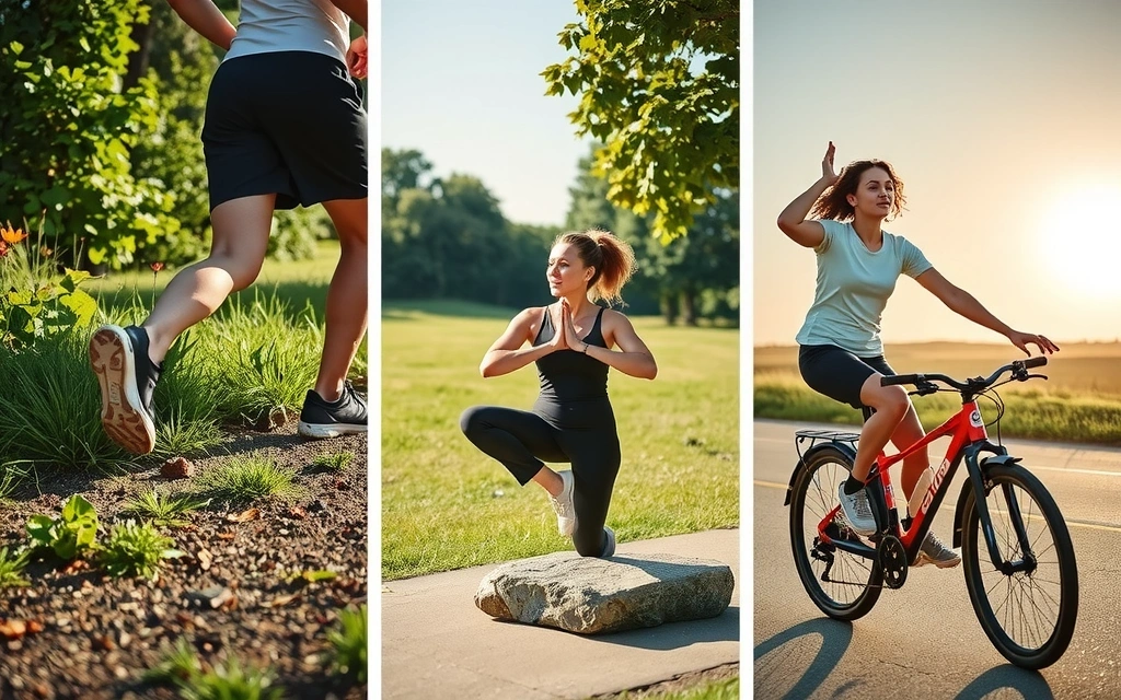 Person engaging in various outdoor exercises like running, yoga, and cycling