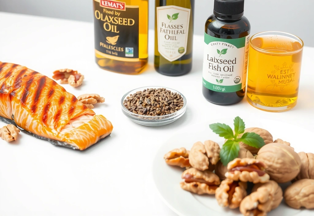 Diverse surse de Omega-3: pește gras, nuci, semințe de in, uleiuri vegetale