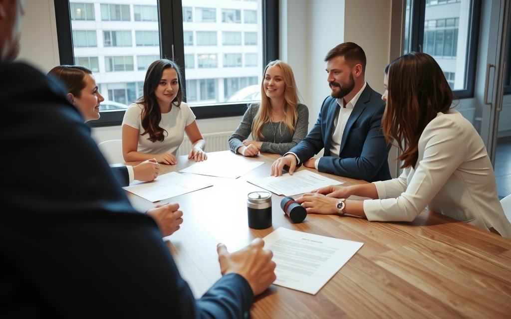 People discussing legal documents around a table