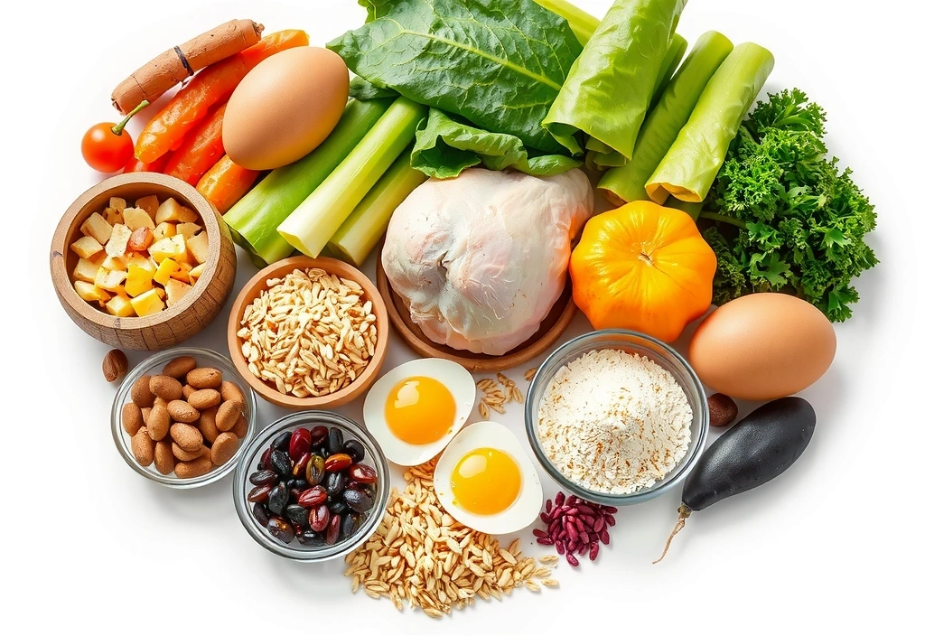 O varietate de alimente bogate în vitamine B, inclusiv cereale integrale, ouă, carne de pasăre, leguminoase și legume cu frunze verzi, aranjate armonios