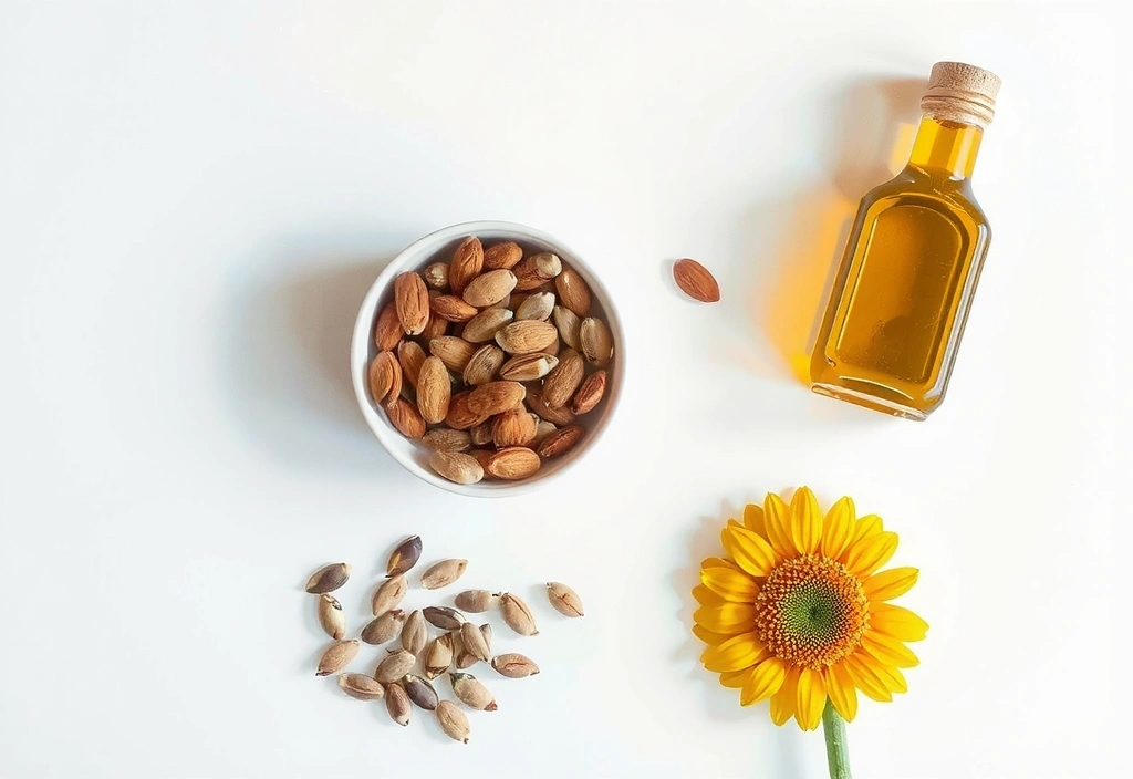 Un bol cu migdale, semințe de floarea-soarelui și o sticlă mică de ulei de măsline pe o suprafață curată