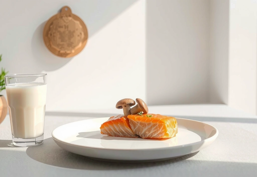 Un fascicul de lumină solară strălucind peste o masă cu somon, ciuperci și un pahar de lapte fortificat